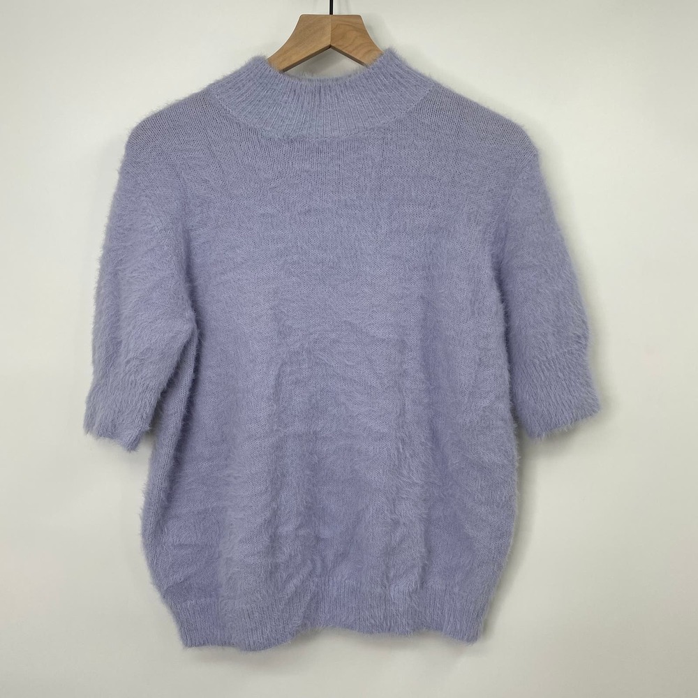 Marled Sweater Short Sleeve Eyelash Knit Mock Neck Lavender Purple Womens Large